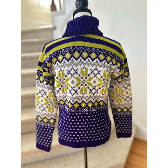 Vintage 90s Purple, Lime Green, & Metallic Silver Snowflake Fair Isle Turtleneck - Picture 2 of 5
